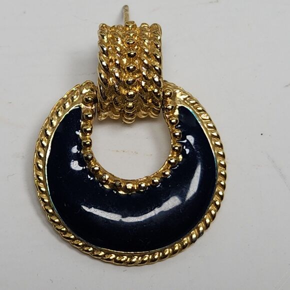 Vintage Door Knocker Earrings Nautical Posts 7/8 in. Navy Blue Gold - Picture 5 of 5
